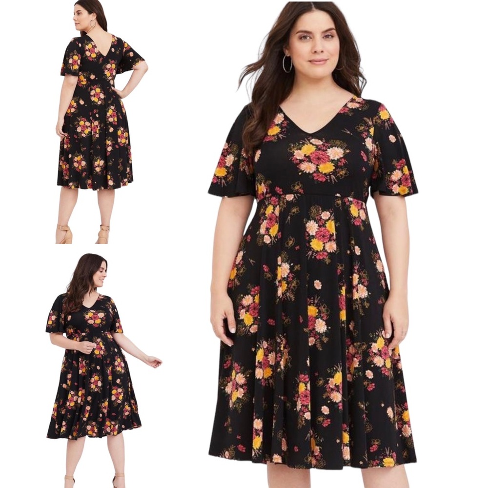 torrid Black Floral Fit-and-Flare Dress with Pink and Yellow Flowers